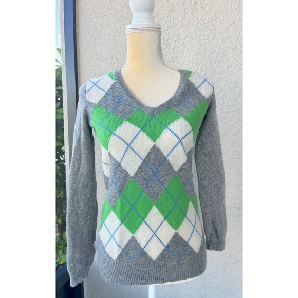 Gap Womens Lambswool Blend Argyle Sweater XS V-Neck Gray Green White - Picture 1 of 9